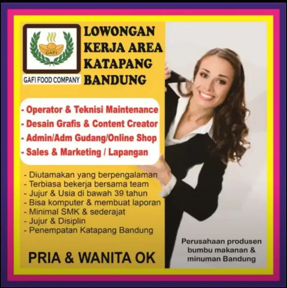 Loker Teknisi Maintenance Desain Grafis Admin Adm Operator Pria Wanita