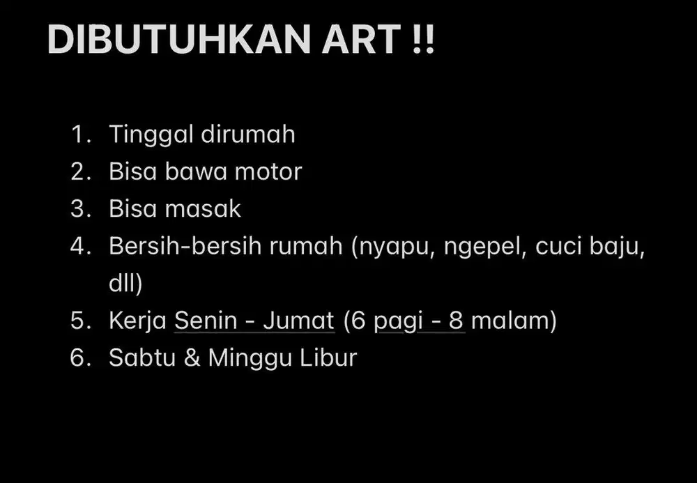 DIBUTUHKAN ART (Asisten Rumah Tangga)