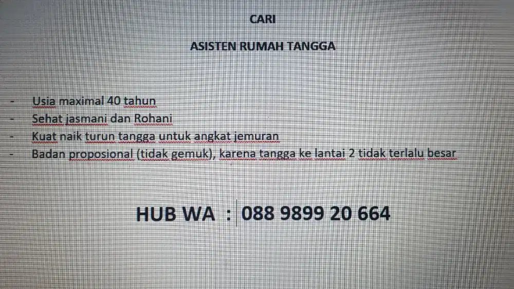 CARI ASISTEN RUMAH TANGGA
