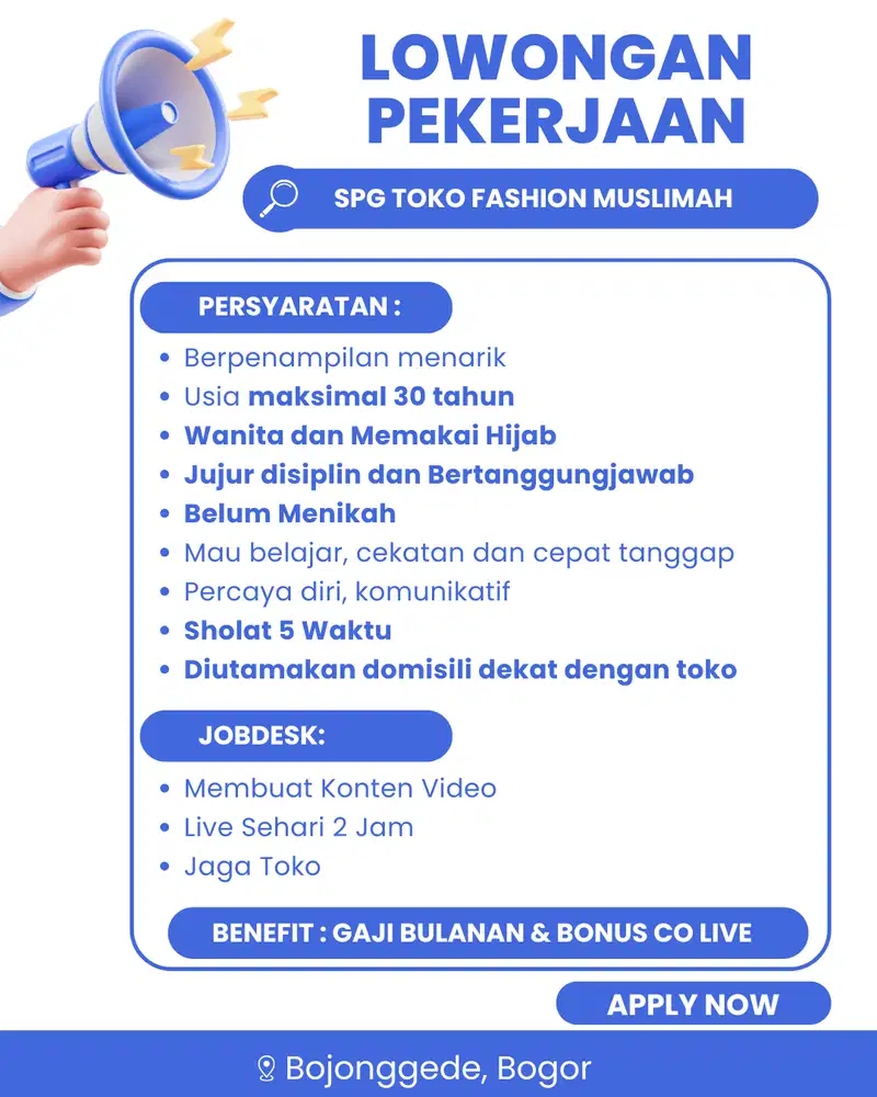 LOWONGAN KERJA ADMIN TOKO FASHION MUSLIMAH BOJONGGEDE