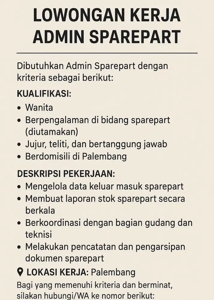 Dibutuhkan Admin Toko Sparepart
