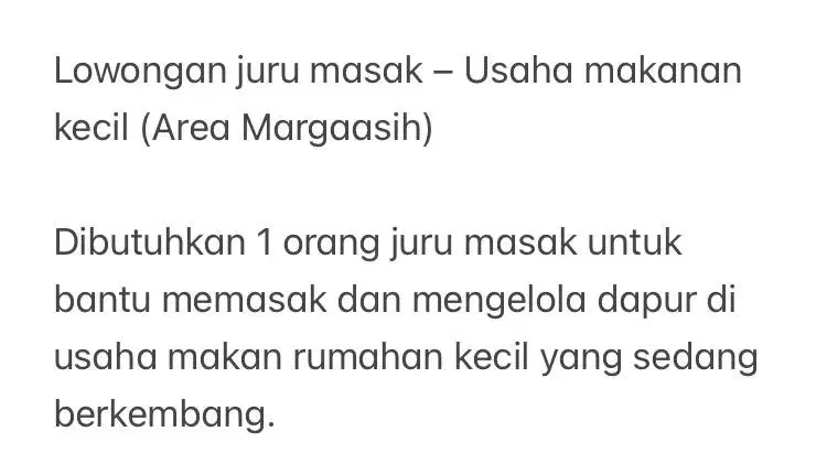 Lowongan juru masak – Usaha makanan kecil (Area Margaasih)