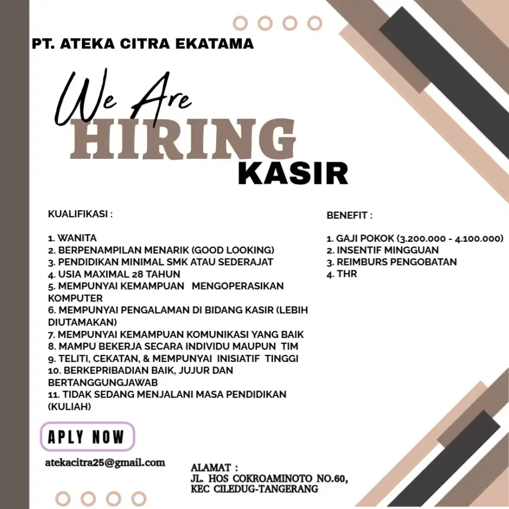 DIBUTUHKAN SEGERA KASIR WANITA