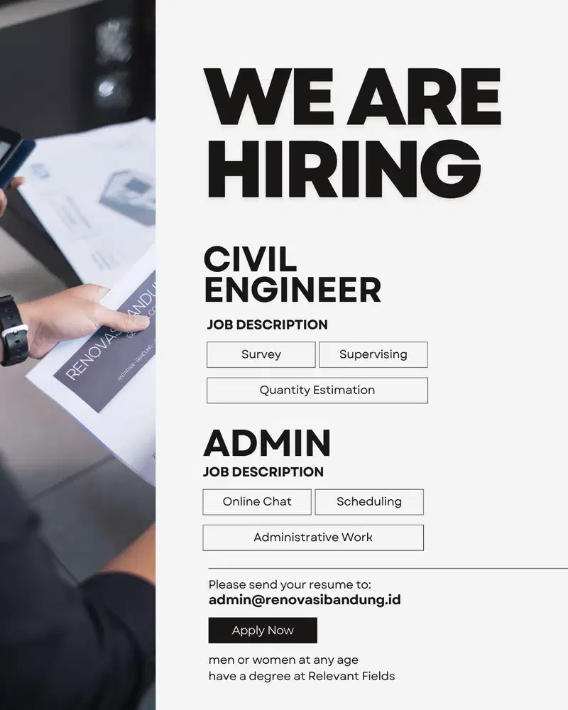 Loker untuk Civil Engineer (Teknik Sipil) dan Admin di Bandung