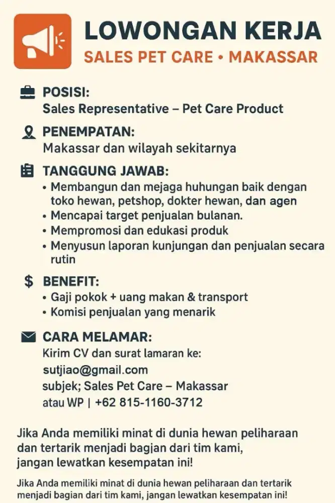 Dicari Sales Representative untuk produk Pet Care Makassar