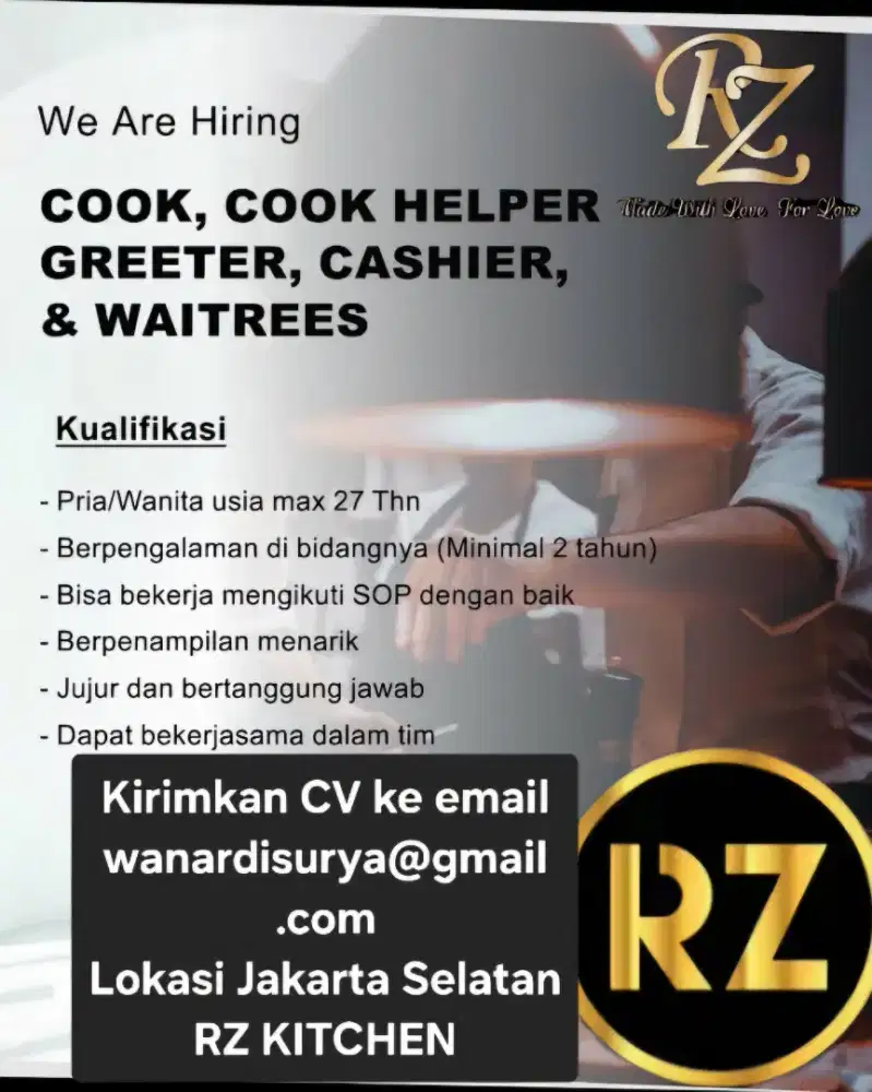 Dibutuhkan cook/kasir/waiter dan admin pengalaman