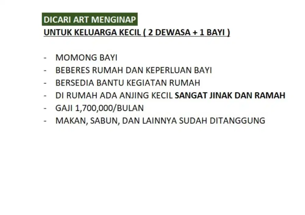 Dicari asisten rumah tangga