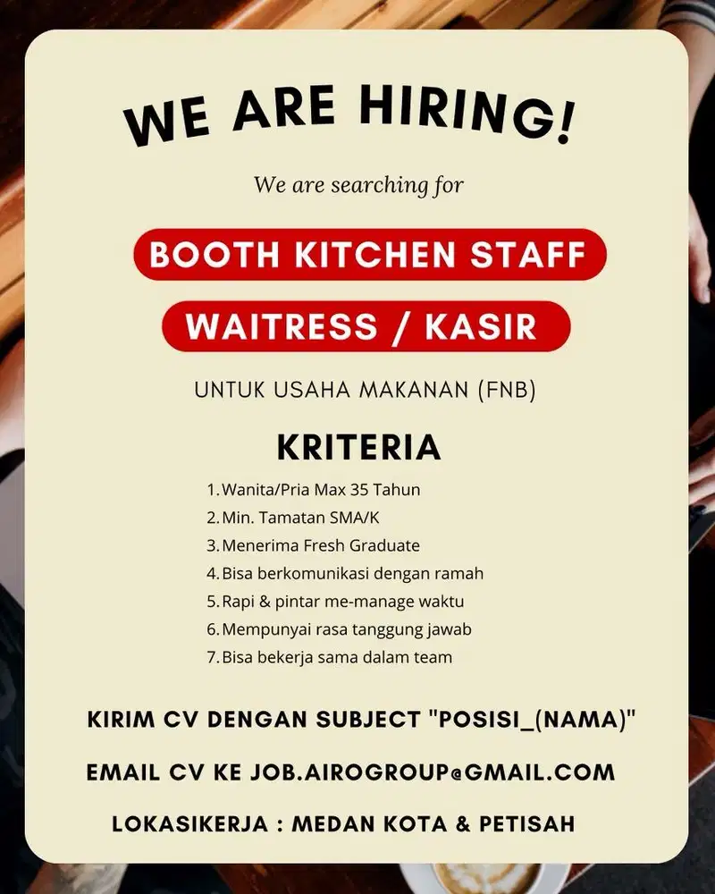 Dicari Kitchen Staff dan Kasir Waitress