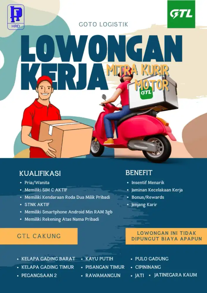 URGENT Lowongan kerja Mitra Kurir Motor GTL - Pulogadung & Klpa gading