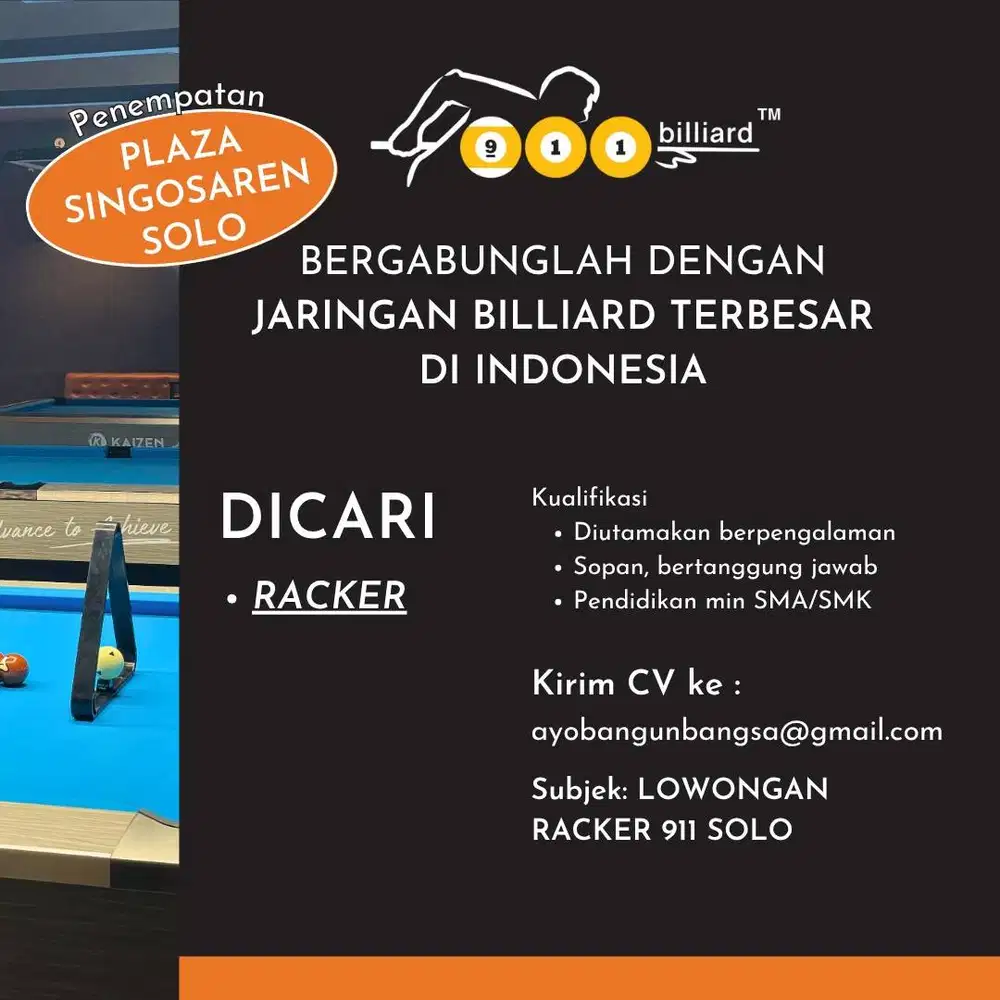 Lowongan kerja RACKER Billiard cabang Solo Jawa Tengah