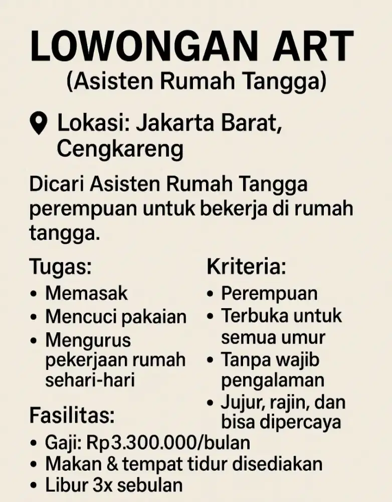 Lowongan kerja art, khusus perempuan