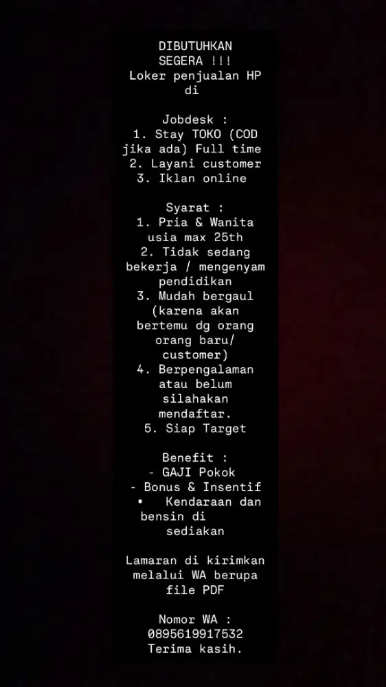 Lowongan Kerja Toko Hp