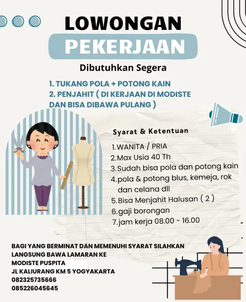 Loker Tukang Potong Kain dan Penjahit Jogja