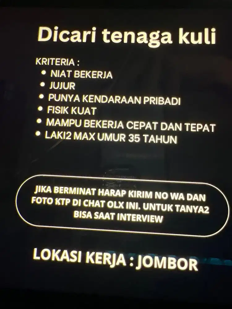 Dicari tenaga kuli untuk industri rumah tangga