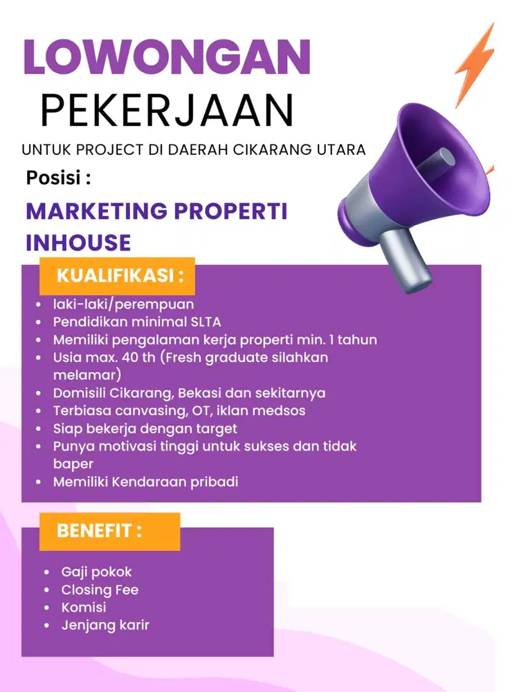 Dibutuhkan marketing property inhouse