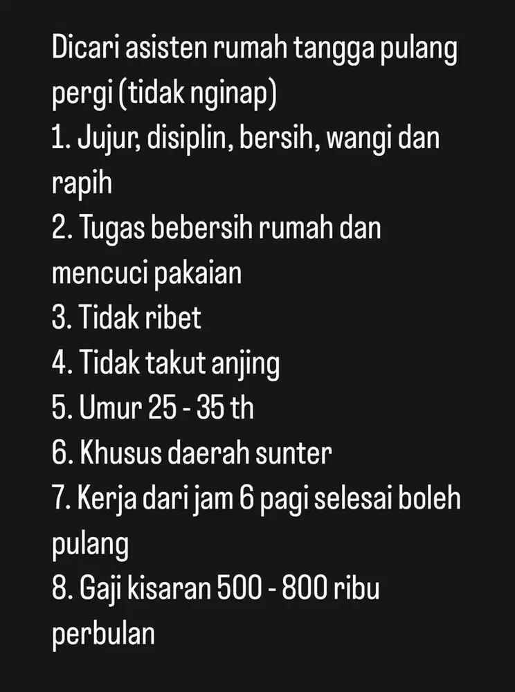 Dicari Asisten Rumah Tangga