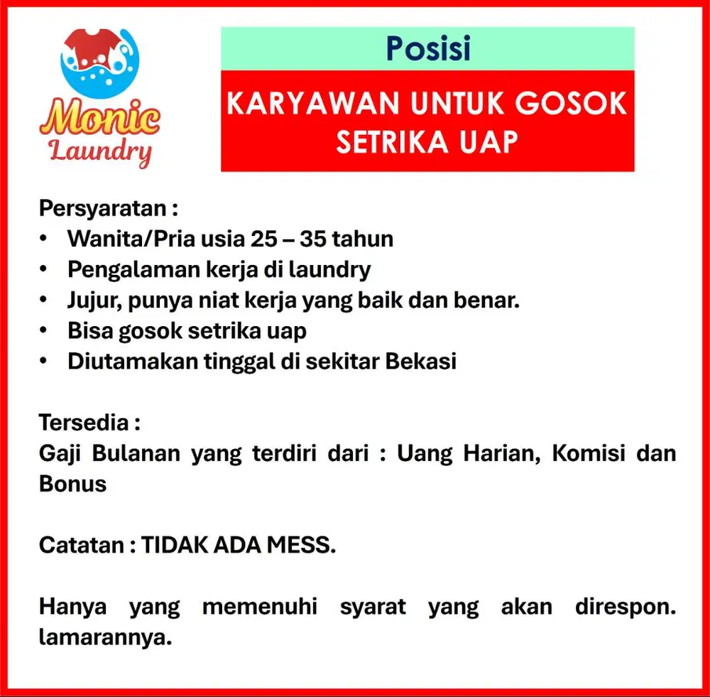 Butuh cepat karyawan laundry cuci satuan dan bag gosok setrika uap !