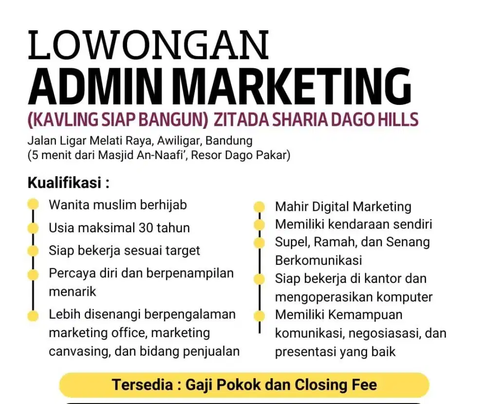Dibutuhkan segera Admin Marketing Properti (Kavling) utk di  Bandung