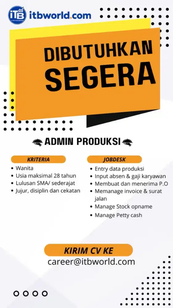 BUTUH SEGERA ADMIN PRODUKSI, FINANCE, DAN HOST LIVE STREAMING,