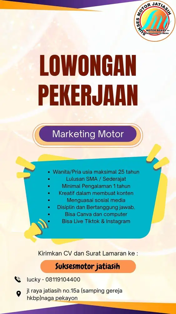 di butuhkan sales marketing punya pengalaman dan siap capai target