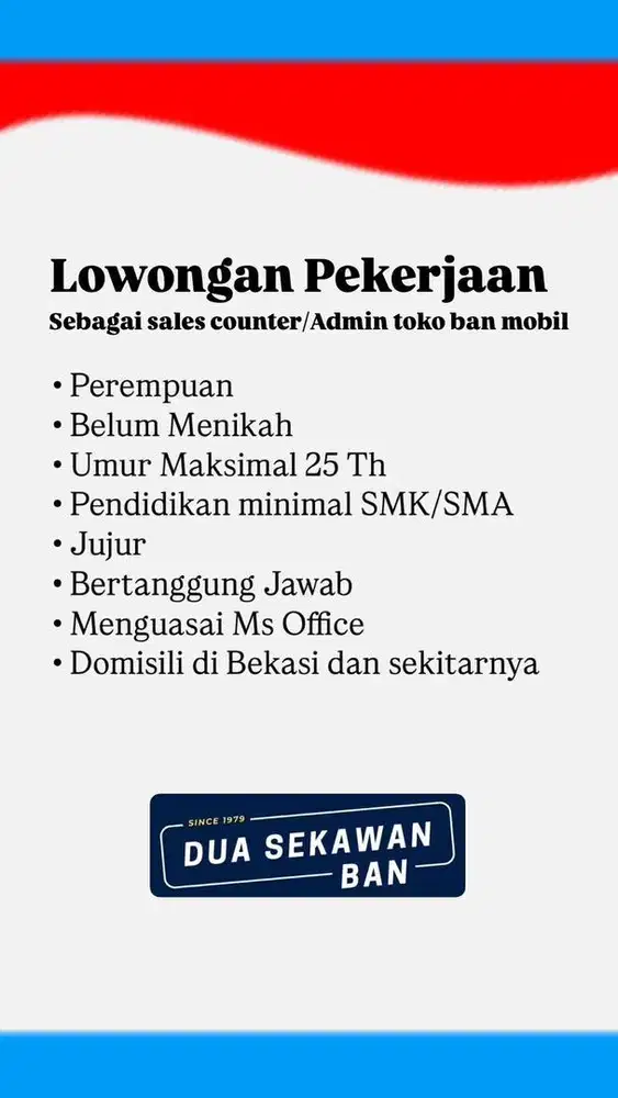 Lowongan kerja admin dan sales counter toko ban