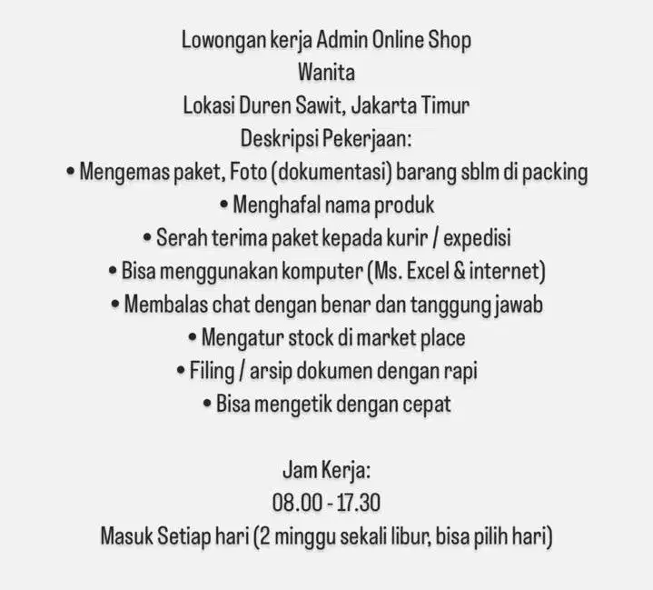 Lowongan kerja admin online shop wanita perempuan jakarta timur