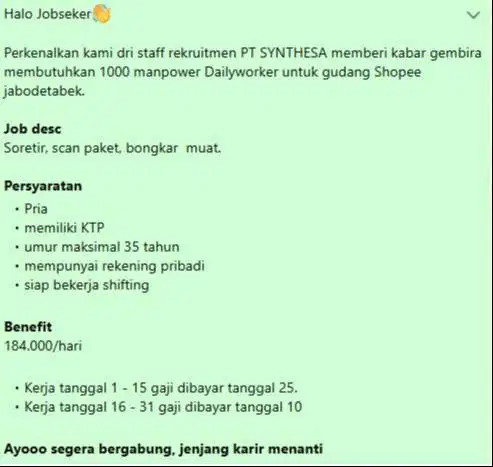 loker dailyworker/operator gudang