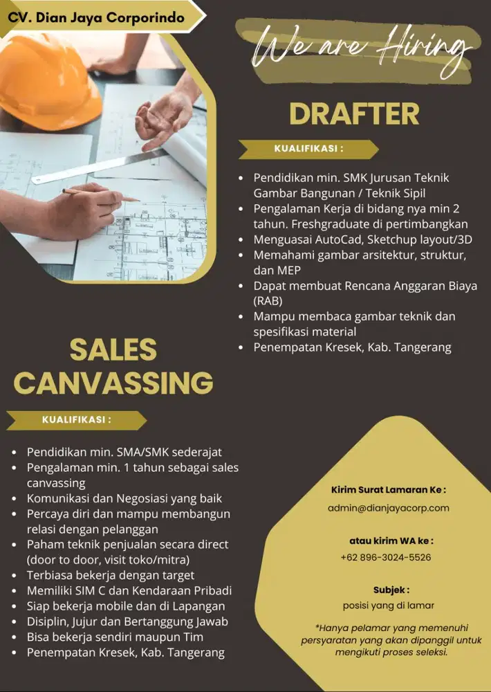Lowongan Marketing & Drafter