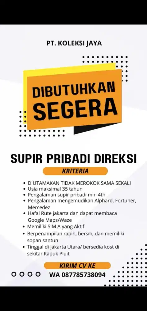 DIBUTUHKAN SEGERA SUPIR PRIBADI