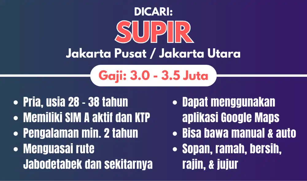 Lowongan Kerja: Supir daerah Jakarta Pusat / Jakarta Utara