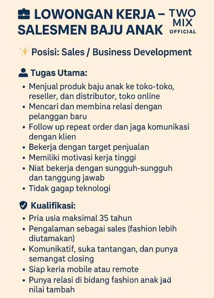 LOWONGAN KERJA – SALESMEN BAJU ANAK