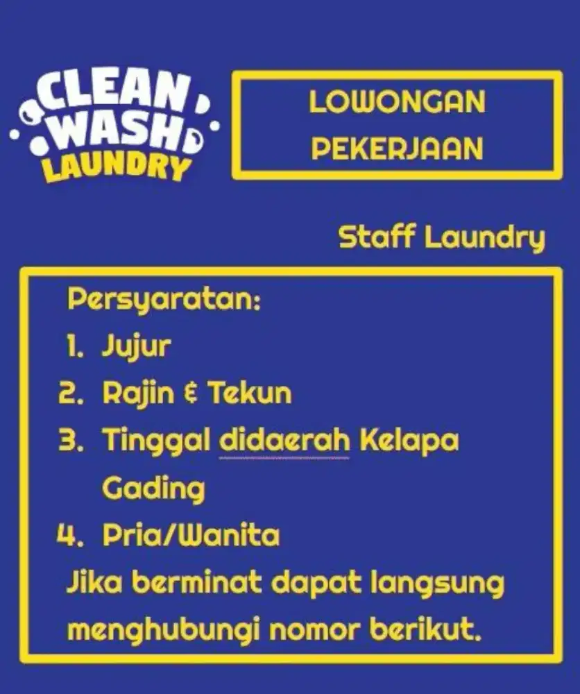 Lowongan staff laundry kelapa gading