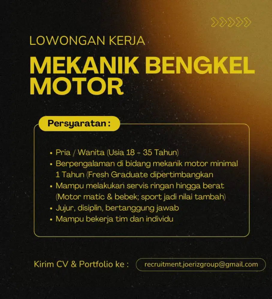 LOWONGAN KERJA MEKANIK BENGKEL MOTOR