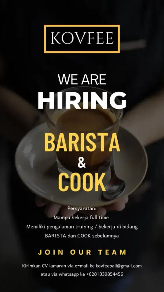 LOWONGAN KERJA BARISTA & COOK.