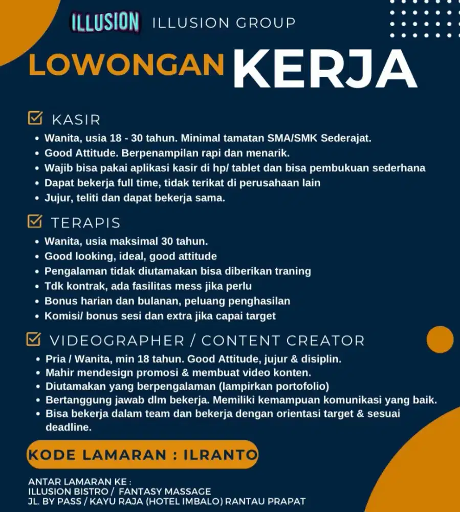 Dibutuhkan segera kasir, terapis spa dan videographer untuk men spa