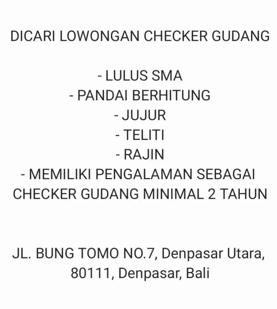 DIBUTUHKAN CHECKER GUDANG SEGERA