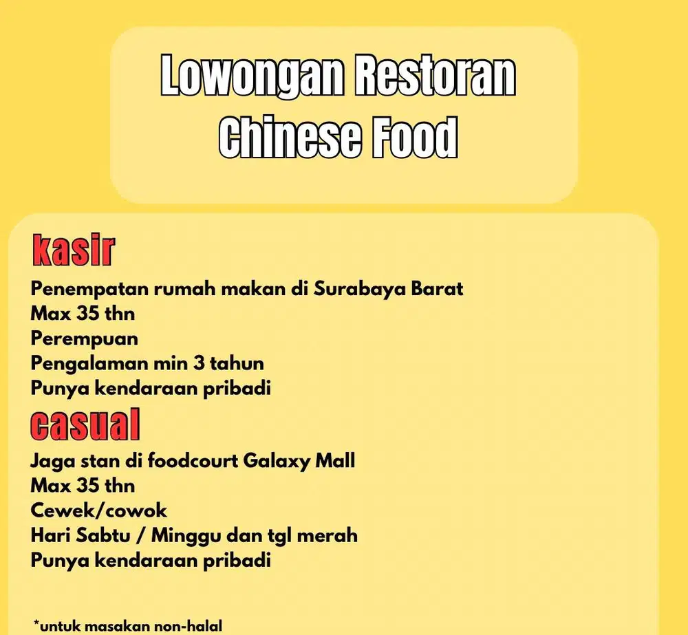 HIRING UNTUK RESTORAN CHINESE FOOD SURABAYA