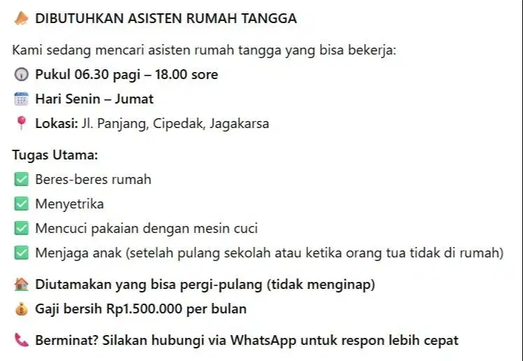 DIBUTUHKAN ASISTEN RUMAH TANGGA