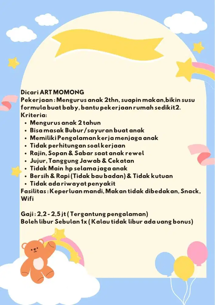 Dicari ART momong & beres2 kamar saja!