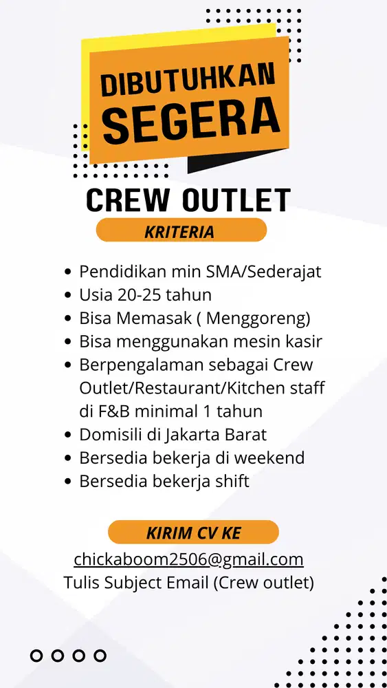 Lowongan crew outlet F&B untuk wilayah Jelambar