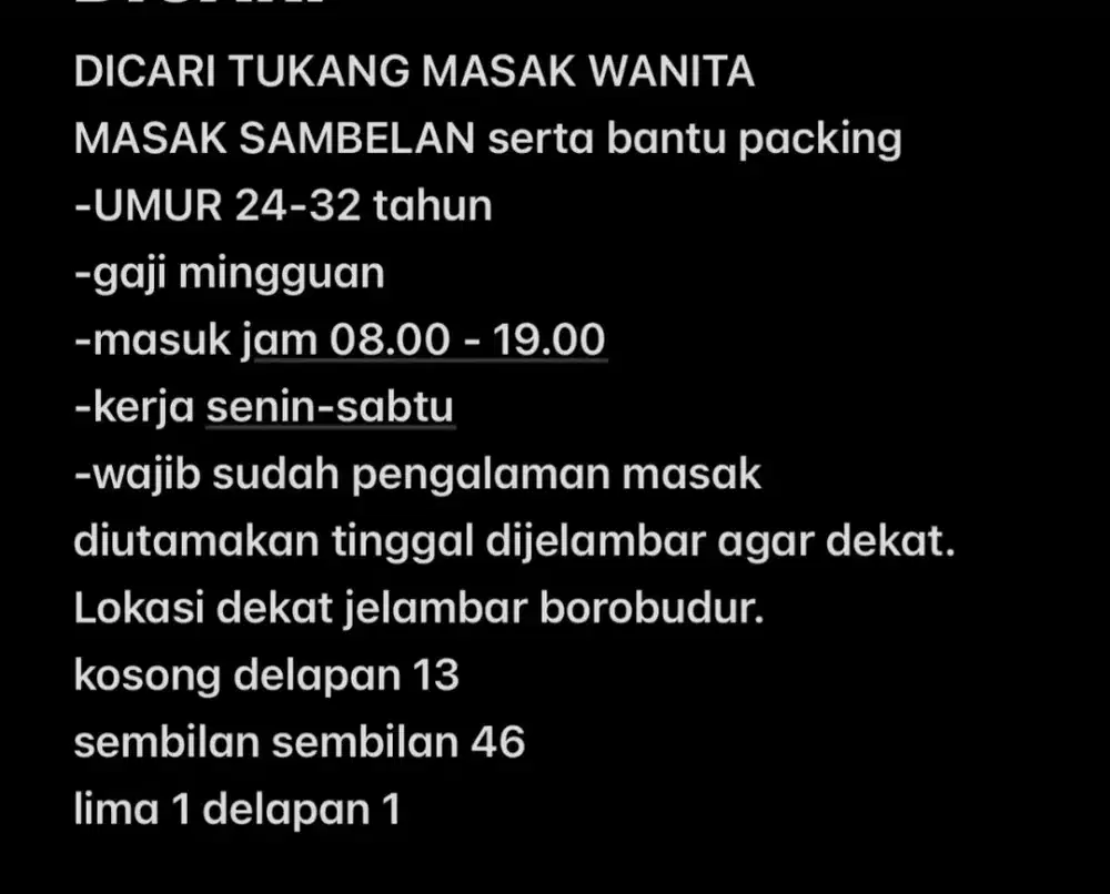 DICARI WANITA TUKANG MASAK