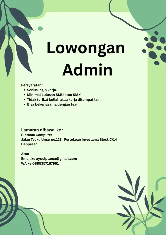 Lowongan Admin Toko Computer