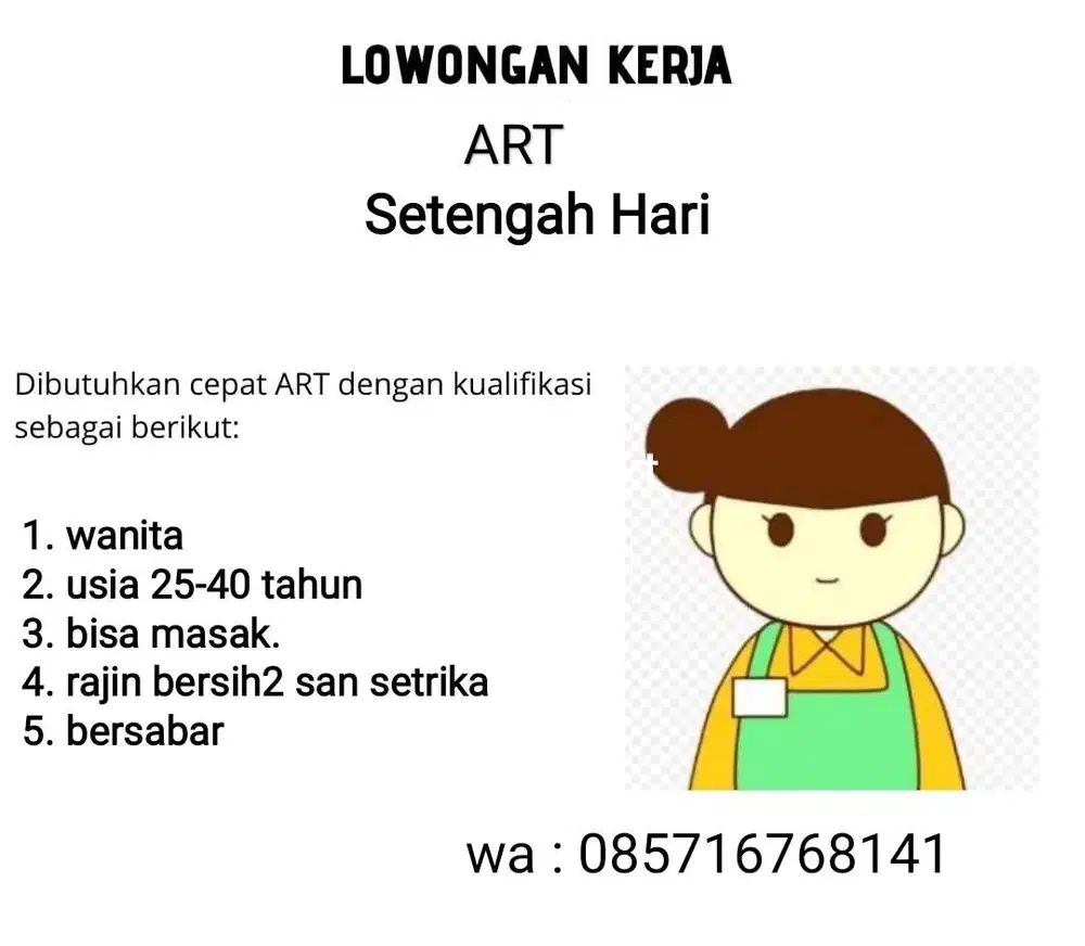 Dibutuhkan ART setengah hari daerah citayam