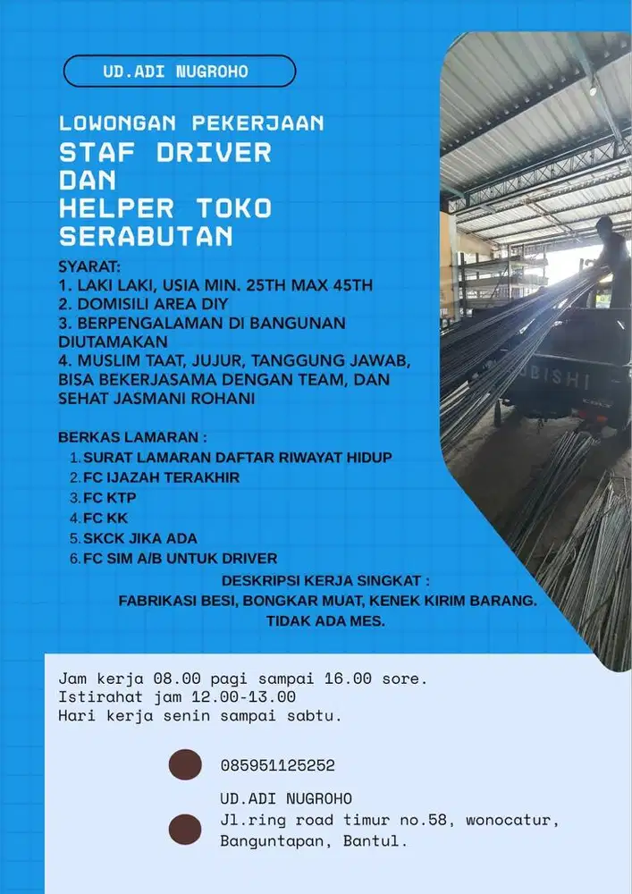 Lowongan kerja driver dan helper toko besi