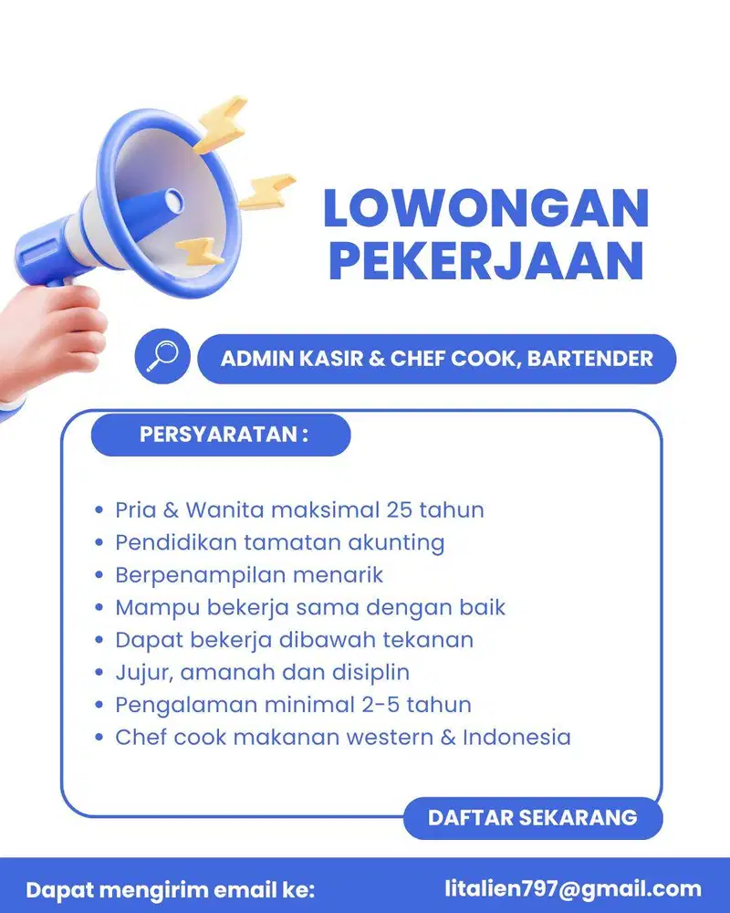 LOKER ADMIN KASIR, CHEF COOK & BARTENDER
