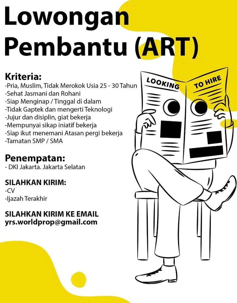 Lowongan untuk Pembantu Rumah Tangga Pria (ART)