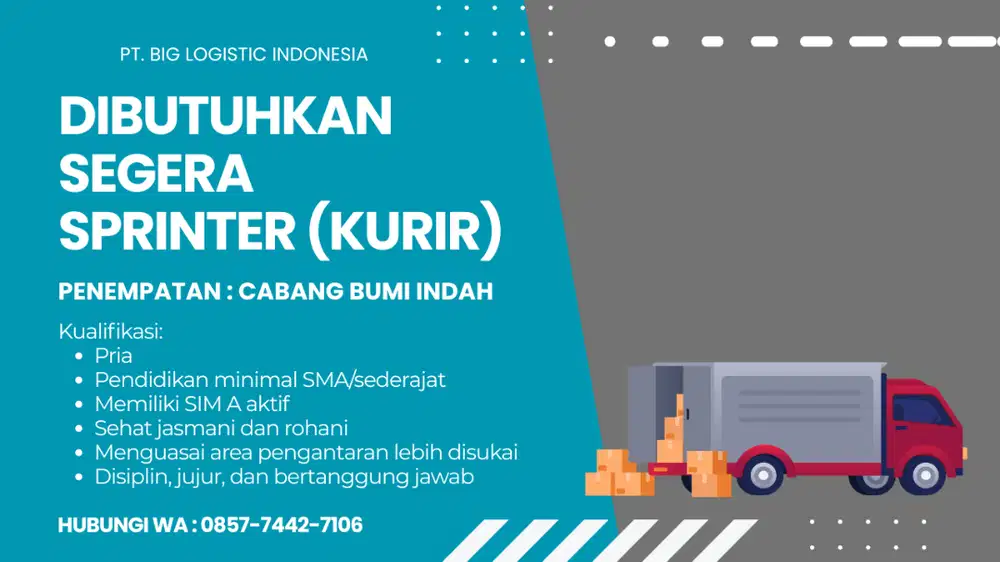 Lowongan Kurir (Sprinter) – Langsung Proses! Cabang Bumi Indah