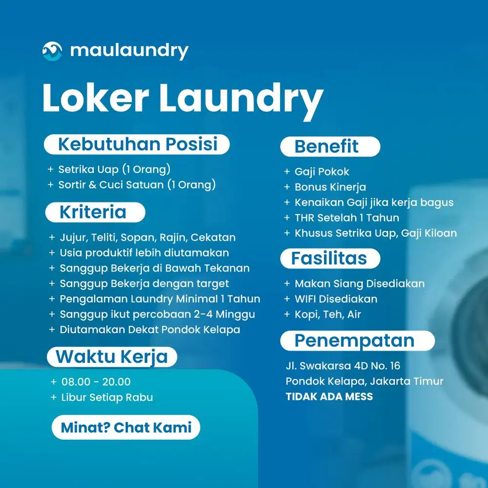 Lowongan Kerja (Loker) Laundry - Setrika Uap & Sortir - Pondok Kelapa