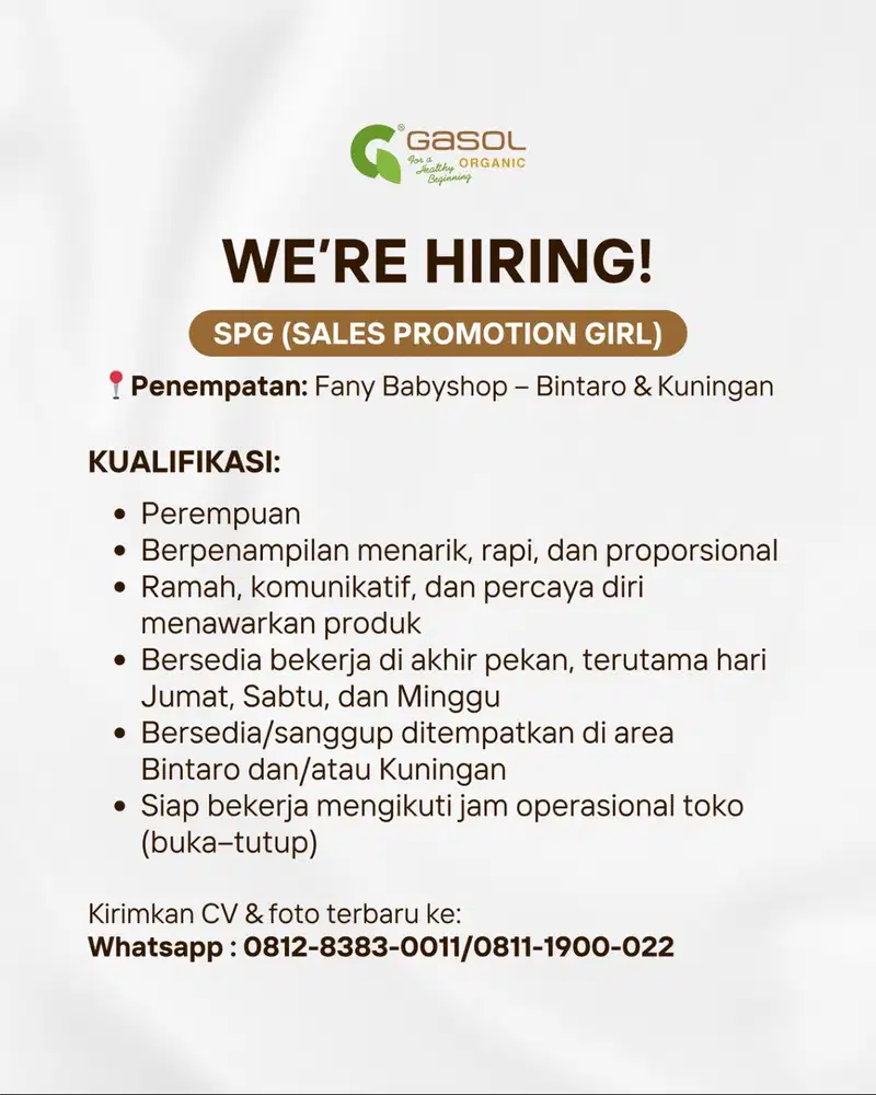 DICARI SPG Wilayah Kuningan Jaksel & Bintaro Jaksel