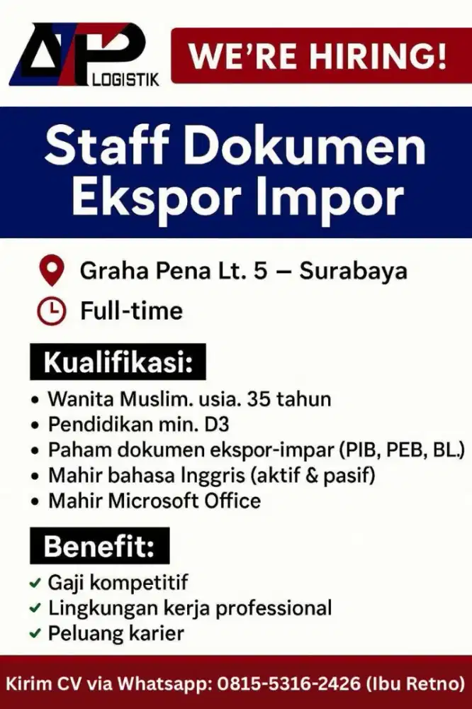 DIBUTUHKAN STAFF WANITA DOKUMEN EXPORT IMPORT